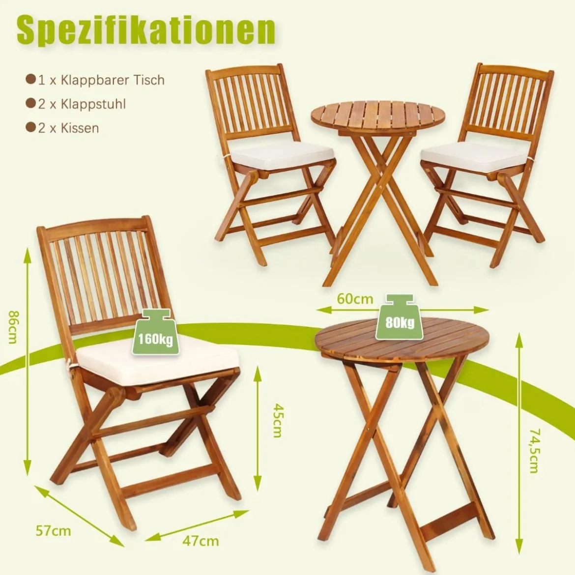 3-TLG. Terrassenmöbel-Set mit Rundem Tisch & 2 Stühlen & 2 Kissen Ergonomische Sitzgarnitur