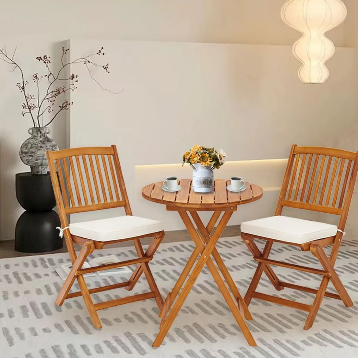 3-TLG. Terrassenmöbel-Set mit Rundem Tisch & 2 Stühlen & 2 Kissen Ergonomische Sitzgarnitur