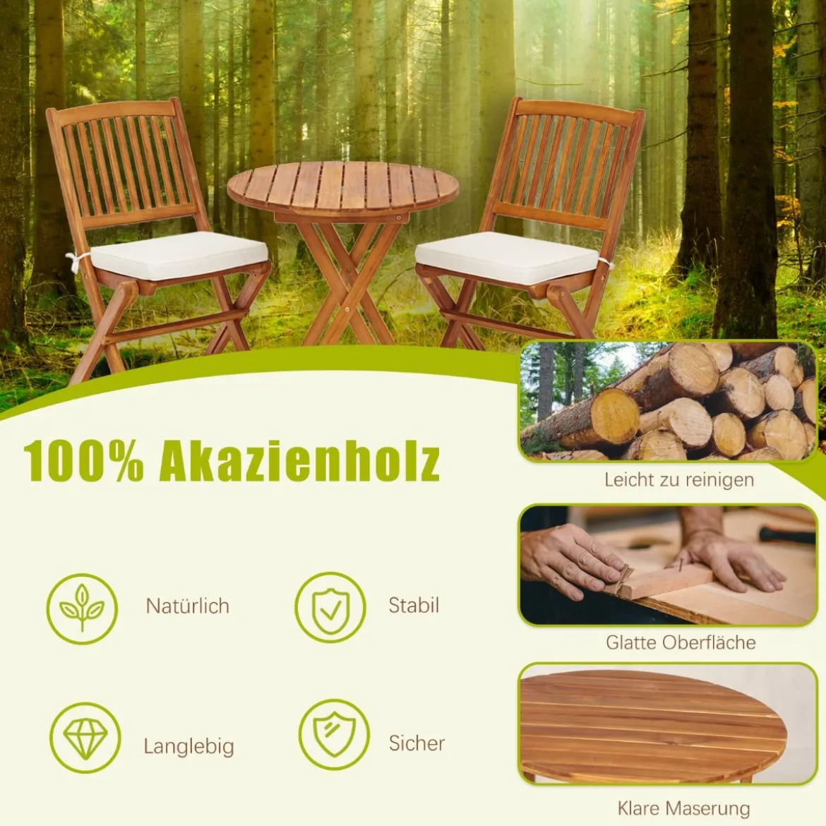 3-TLG. Terrassenmöbel-Set mit Rundem Tisch & 2 Stühlen & 2 Kissen Ergonomische Sitzgarnitur