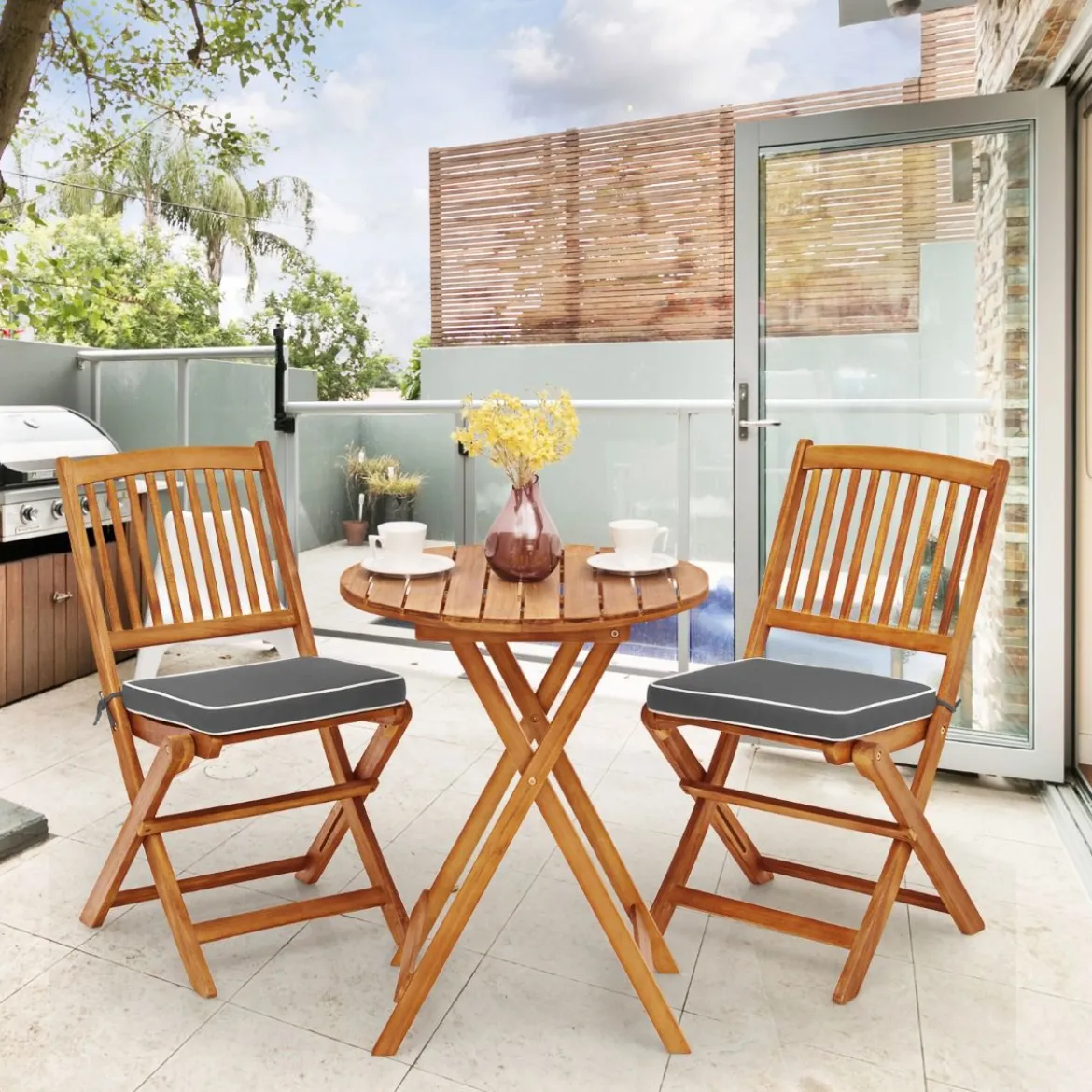 3-TLG. Terrassenmöbel-Set mit Rundem Tisch & 2 Stühlen & 2 Kissen Ergonomische Sitzgarnitur