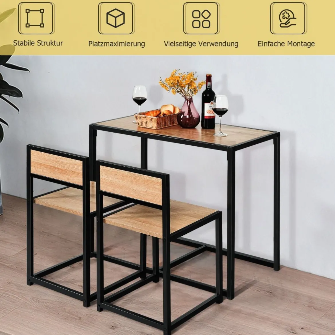 3 tlg. Tischgruppe Essgruppe Bartisch-Set Küchentisch Esstisch Tisch + 2 Stühle Natur