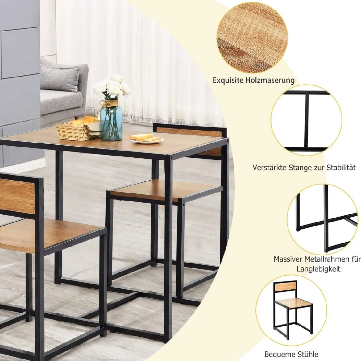 3 tlg. Tischgruppe Essgruppe Bartisch-Set Küchentisch Esstisch Tisch + 2 Stühle Natur