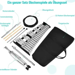 32 Tönen Xylophon Glockenspiel mit Verstellbarem Ständer & Schlägeln und Tragetasche Alu