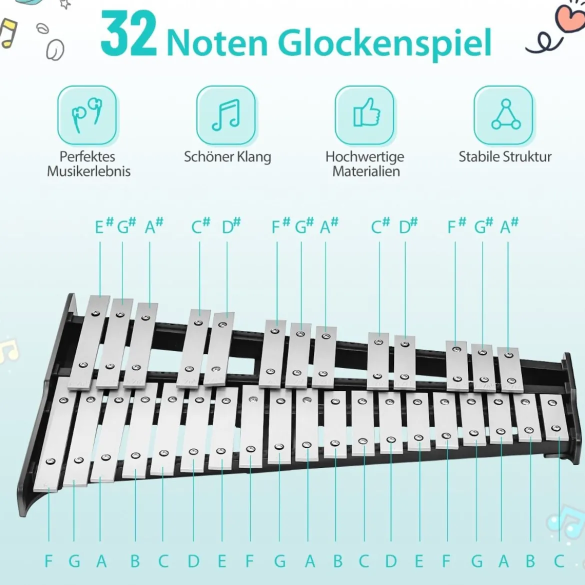 32 Tönen Xylophon Glockenspiel mit Verstellbarem Ständer & Schlägeln und Tragetasche Alu
