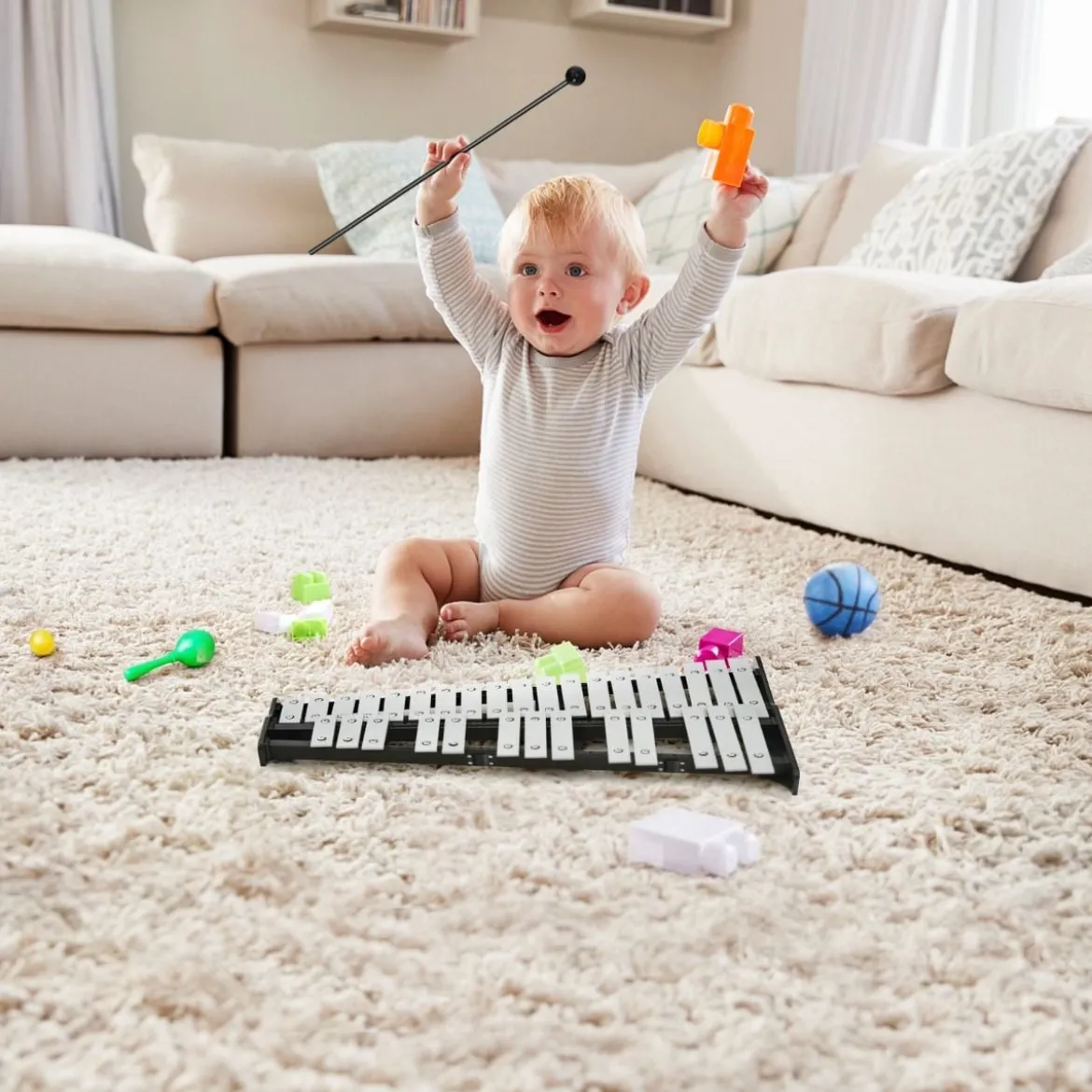 32 Tönen Xylophon Glockenspiel mit Verstellbarem Ständer & Schlägeln und Tragetasche Alu