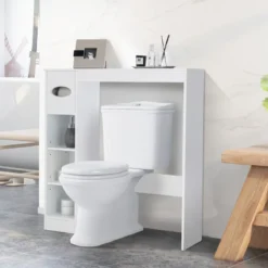Toilettenregal Platzsparender Badezimmerschrank mit Verstellbaren Regalen Weiß