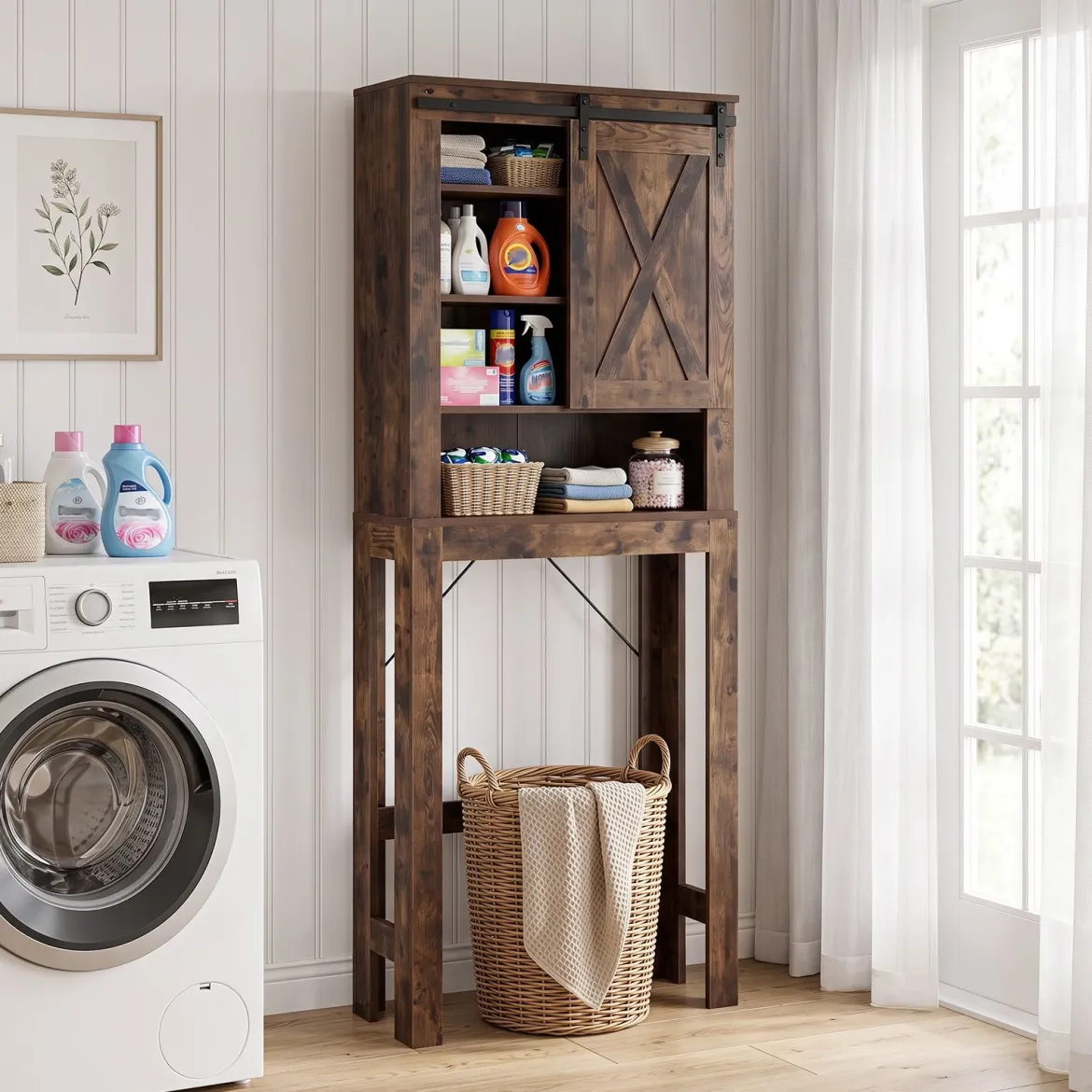 Toilettenschrank aus Holz mit Schiebetür & 4-Fach Verstellbaren Regalböden Braun