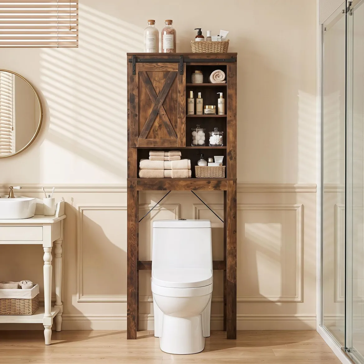 Toilettenschrank aus Holz mit Schiebetür & 4-Fach Verstellbaren Regalböden Braun