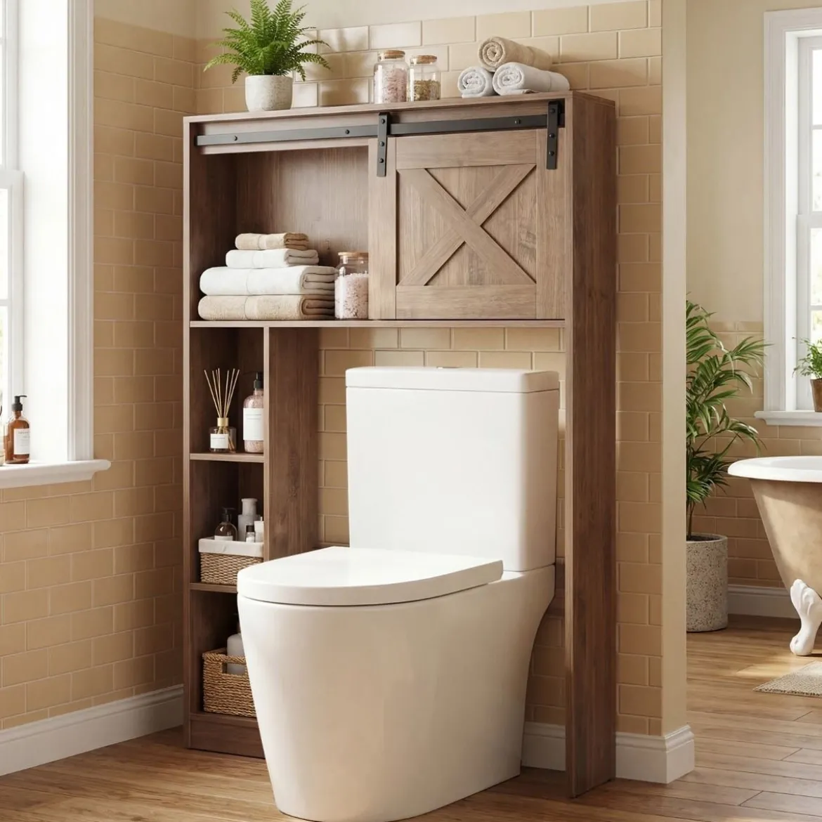 Toilettenschrank aus Holz Toilettenregal mit Schiebetür 84 x 17 x 128 cm Braun