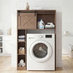Toilettenschrank aus Holz Toilettenregal mit Schiebetür 84 x 17 x 128 cm Braun