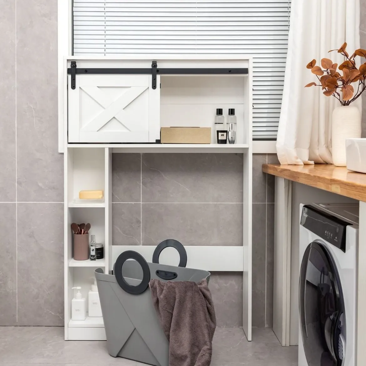 Toilettenschrank aus Holz Toilettenregal mit Schiebetür 84 x 17 x 128 cm Weiß
