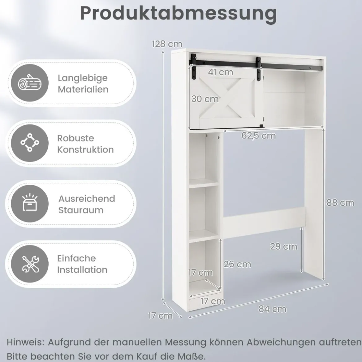Toilettenschrank aus Holz Toilettenregal mit Schiebetür 84 x 17 x 128 cm Weiß