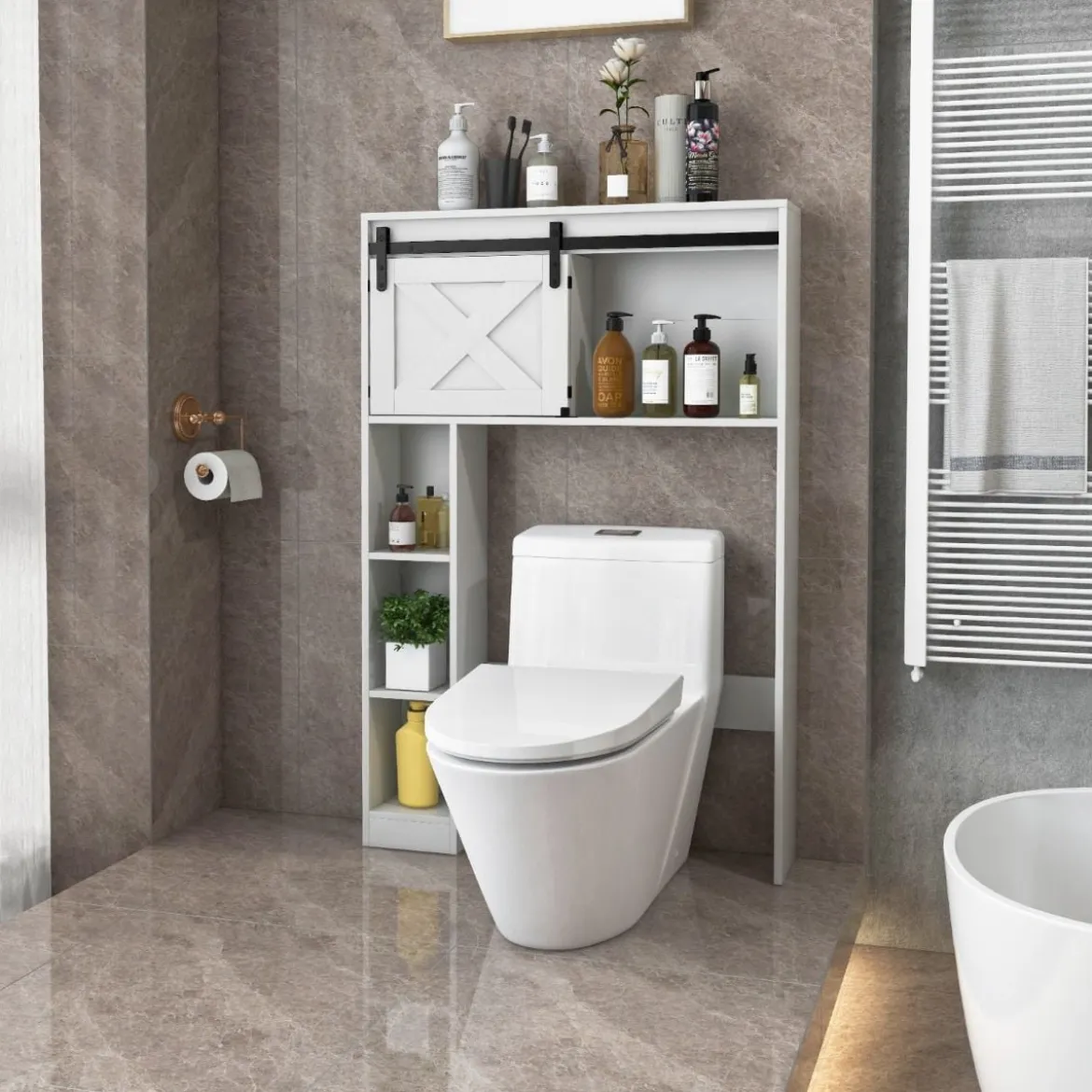 Toilettenschrank aus Holz Toilettenregal mit Schiebetür 84 x 17 x 128 cm Weiß