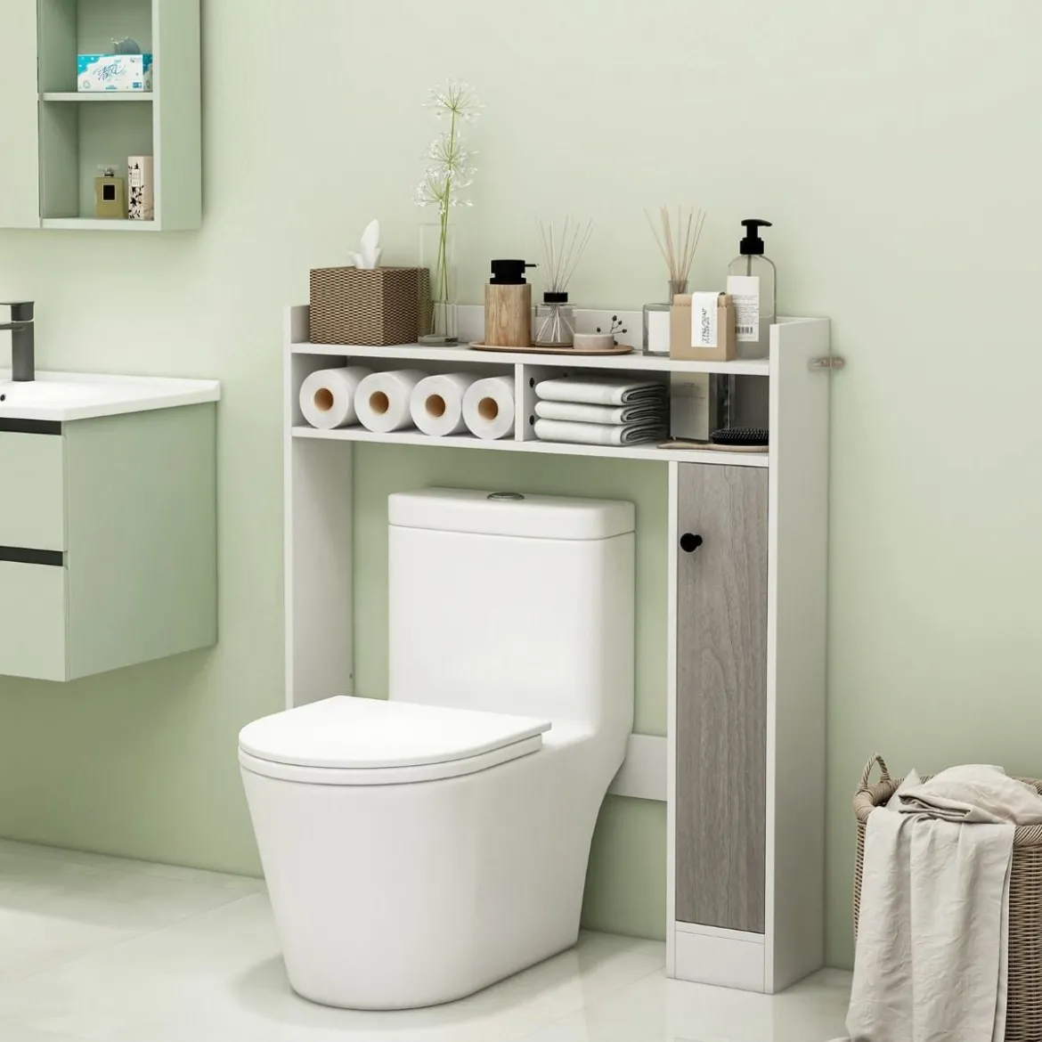 Toilettenschrank Bad Überbauschrank mit Verstellbaren Regalböden Weiß