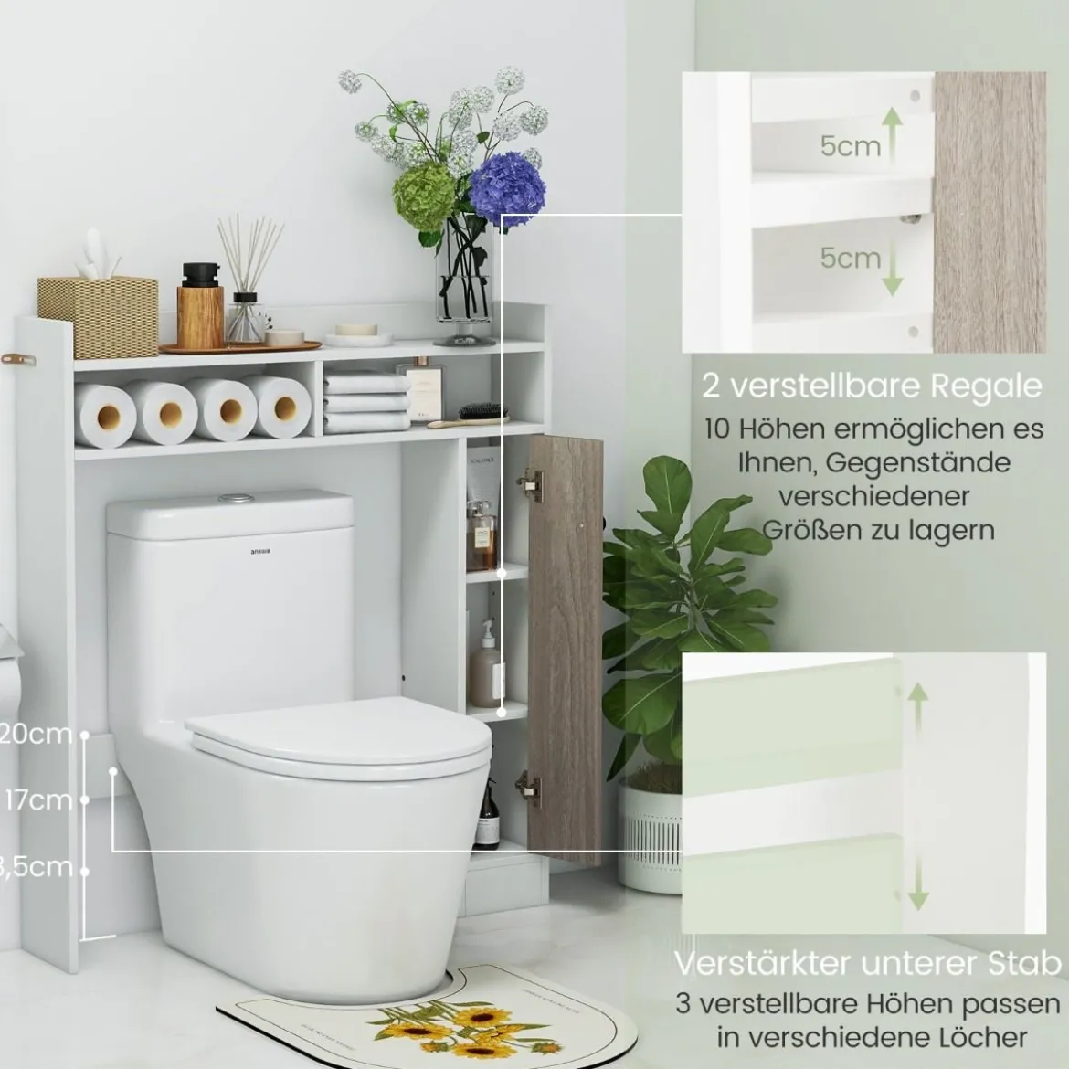Toilettenschrank Bad Überbauschrank mit Verstellbaren Regalböden Weiß