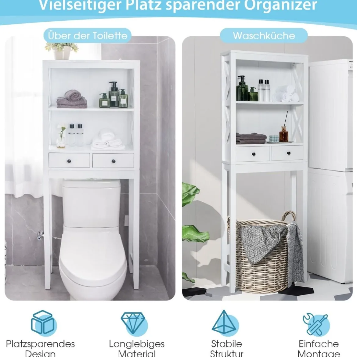 Toilettenschrank Badezimmerregal Badregal freistehend & verstellbar 60 x 20 x 165,5 cm Weiß