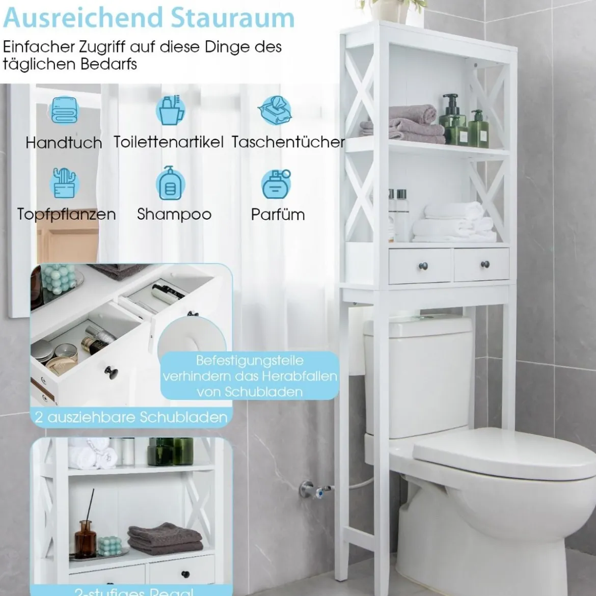 Toilettenschrank Badezimmerregal Badregal freistehend & verstellbar 60 x 20 x 165,5 cm Weiß