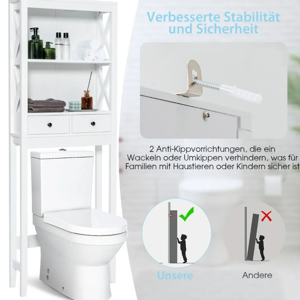 Toilettenschrank Badezimmerregal Badregal freistehend & verstellbar 60 x 20 x 165,5 cm Weiß
