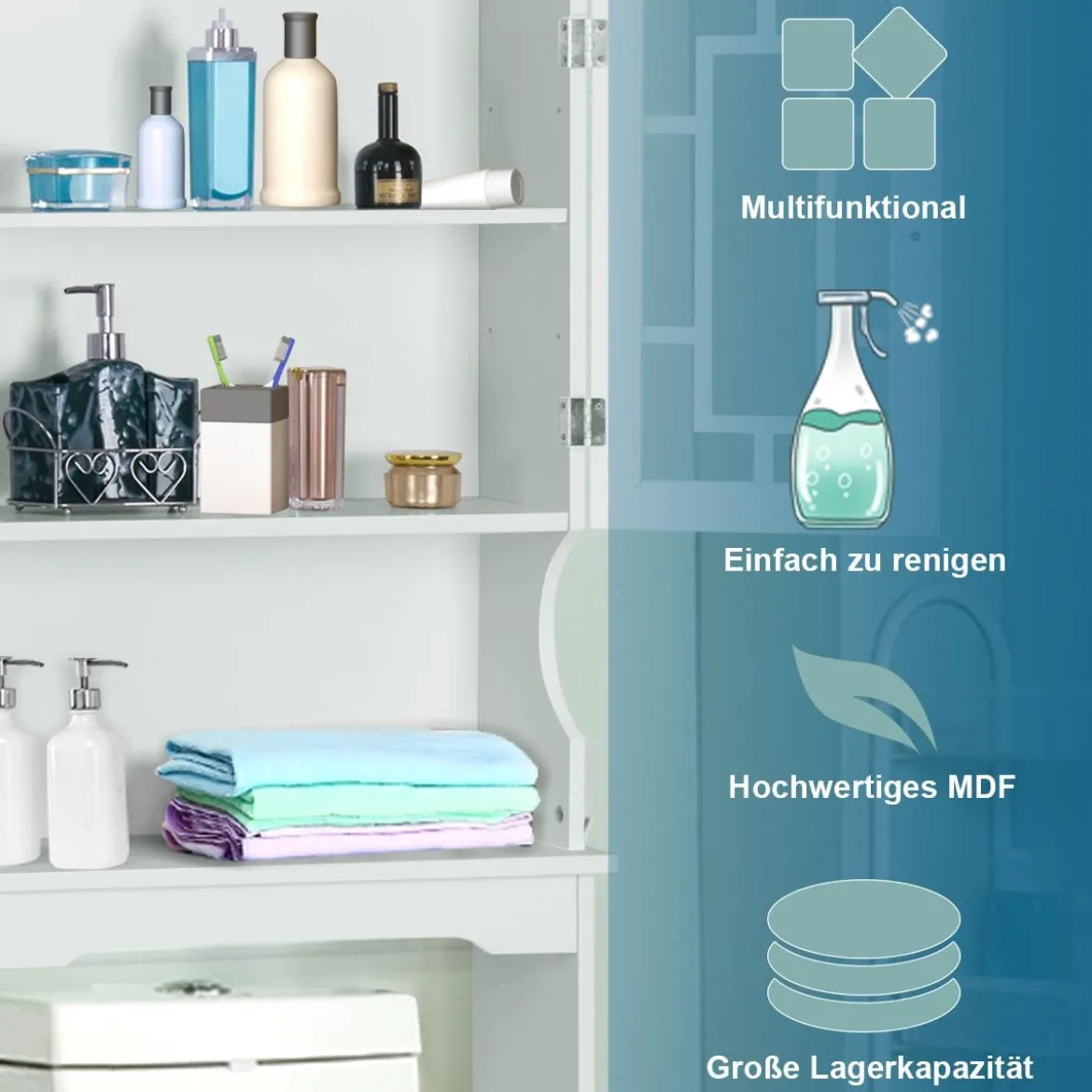 Toilettenschrank Badezimmer Regal Toilettenregal Waschmaschinenschrank mit 3 Regalen Weiß 60 x 22 x 170,5 cm