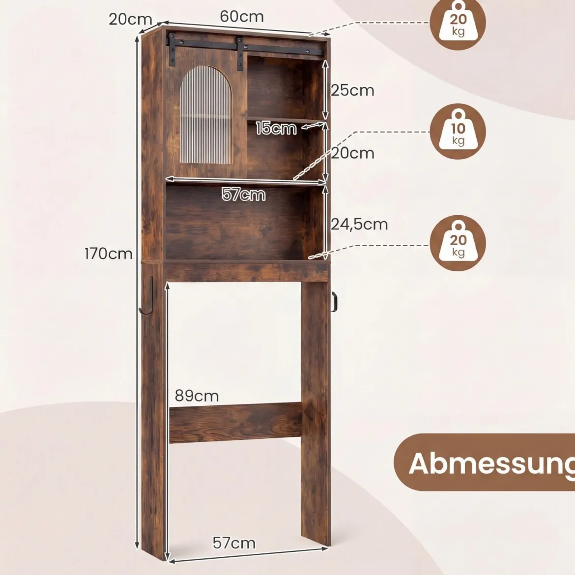 Toilettenschrank Badezimmer-Organizer im Bauernhausstil mit Schiebetür im Scheunentor-Design Braun