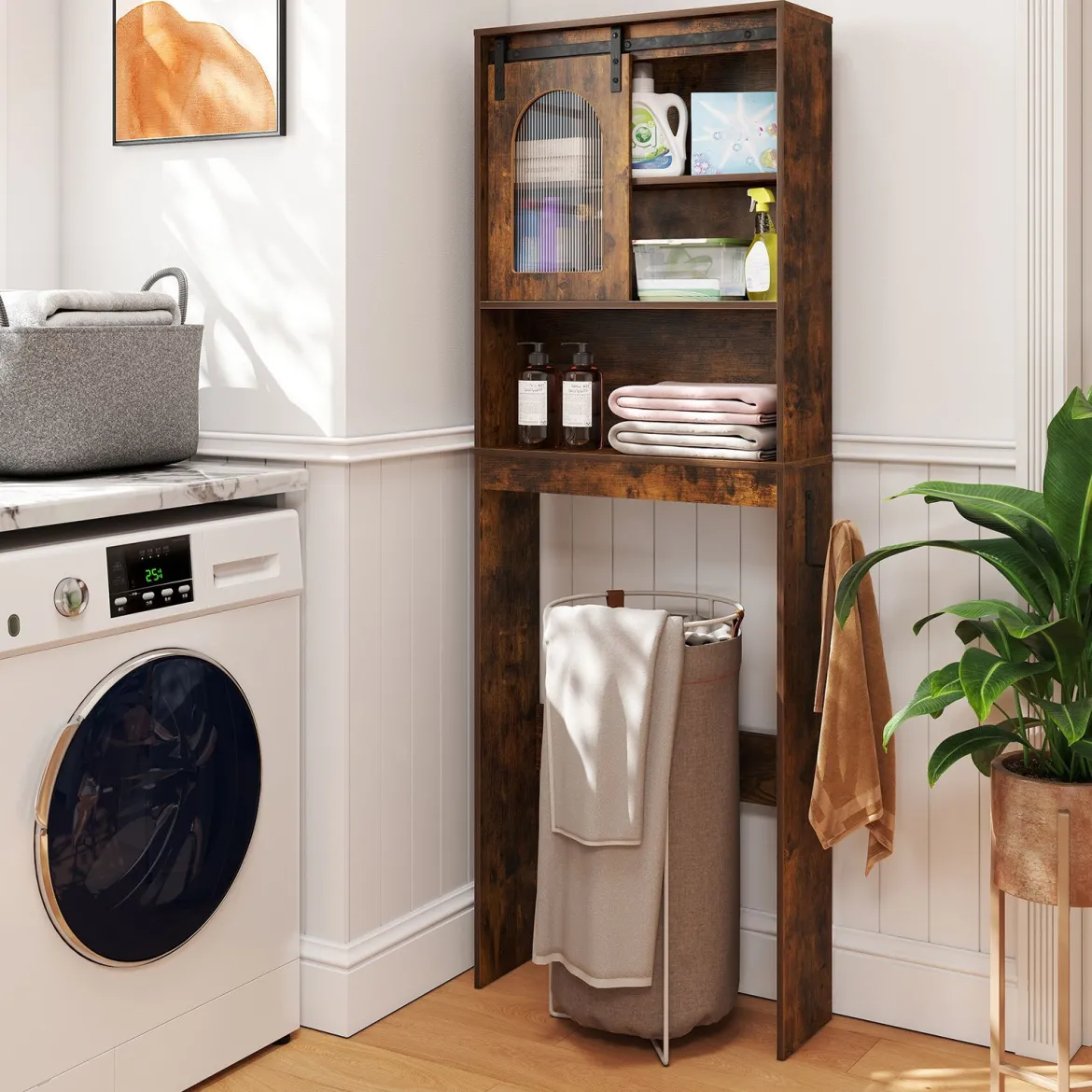 Toilettenschrank Badezimmer-Organizer im Bauernhausstil mit Schiebetür im Scheunentor-Design Braun