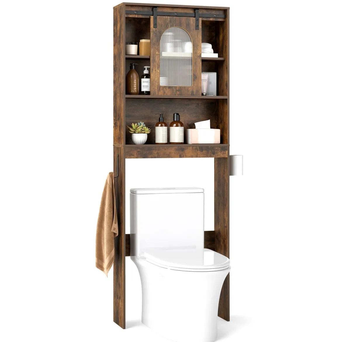 Toilettenschrank Badezimmer-Organizer im Bauernhausstil mit Schiebetür im Scheunentor-Design Braun