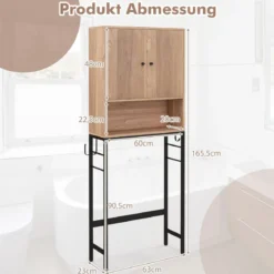Toilettenschrank freistehend Toilettenregal mit 2 Türen & 2 Haken 63 x 23 x 165,5 cm Weiß/Natur