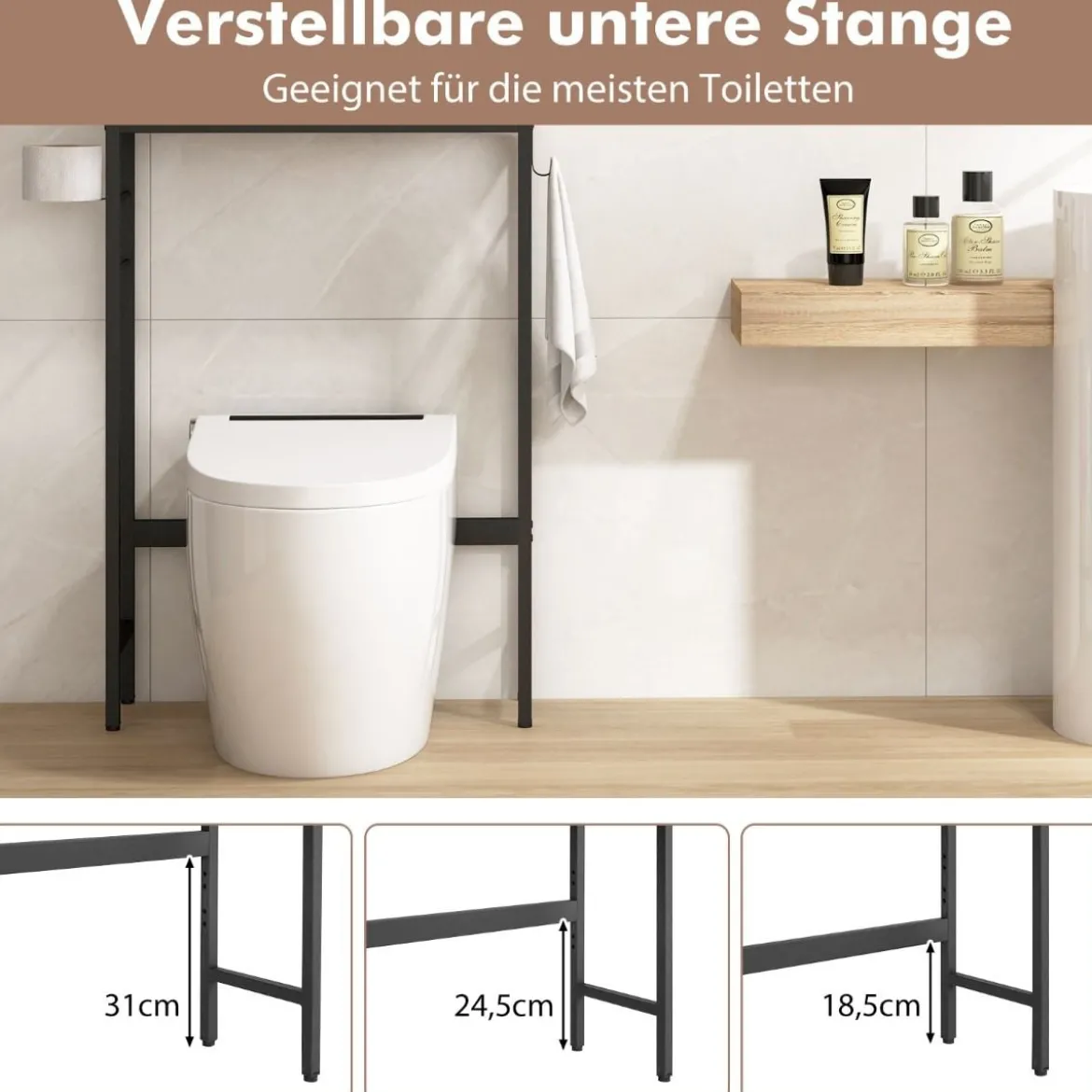 Toilettenschrank freistehend Toilettenregal mit 2 Türen & 2 Haken 63 x 23 x 165,5 cm Weiß/Natur