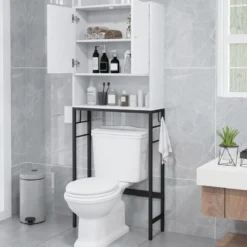 Toilettenschrank freistehend Toilettenregal mit 2 Türen & 2 Haken 63 x 23 x 165,5 cm Weiß/Natur