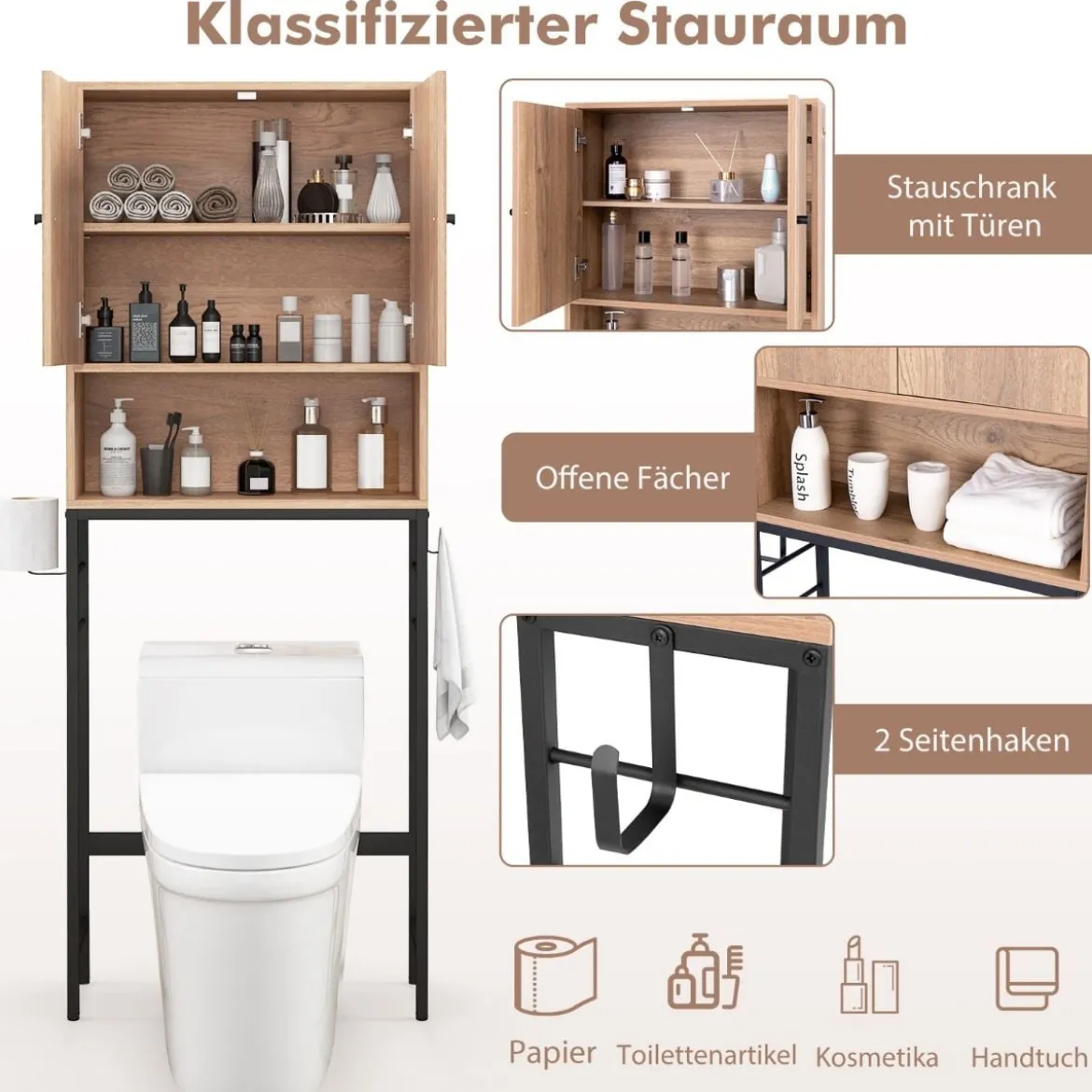 Toilettenschrank freistehend Toilettenregal mit 2 Türen & 2 Haken 63 x 23 x 165,5 cm Weiß/Natur