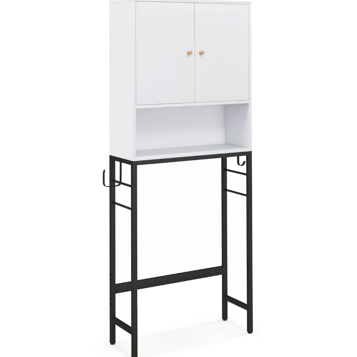 Toilettenschrank freistehend Toilettenregal mit 2 Türen & 2 Haken 63 x 23 x 165,5 cm Weiß/Natur