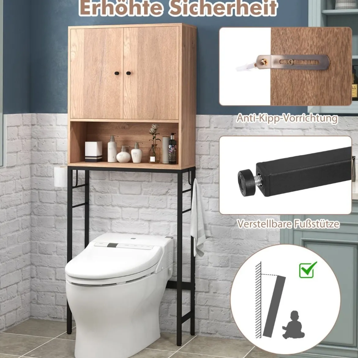Toilettenschrank freistehend Toilettenregal mit 2 Türen & 2 Haken 63 x 23 x 165,5 cm Weiß/Natur