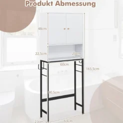 Toilettenschrank freistehend Toilettenregal mit 2 Türen & 2 Haken 63 x 23 x 165,5 cm Weiß/Natur