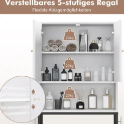 Toilettenschrank freistehend Toilettenregal mit 2 Türen & 2 Haken 63 x 23 x 165,5 cm Weiß/Natur