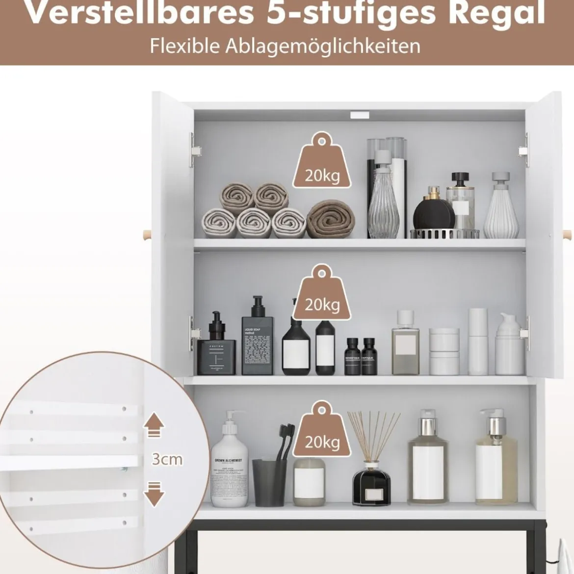 Toilettenschrank freistehend Toilettenregal mit 2 Türen & 2 Haken 63 x 23 x 165,5 cm Weiß/Natur