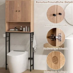 Toilettenschrank freistehend Toilettenregal mit 2 Türen & 2 Haken 63 x 23 x 165,5 cm Weiß/Natur