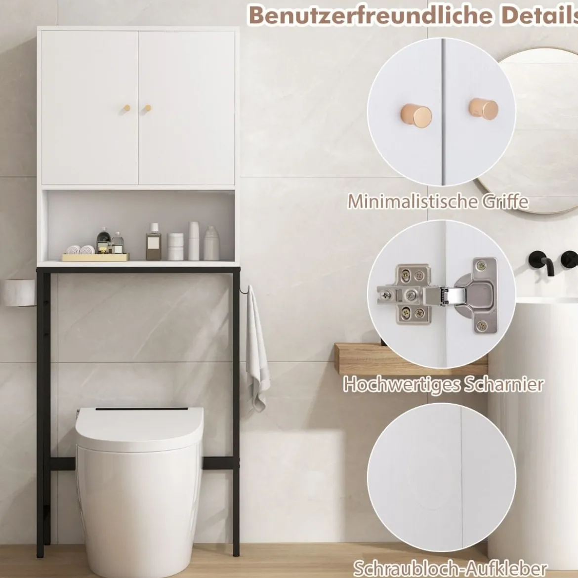 Toilettenschrank freistehend Toilettenregal mit 2 Türen & 2 Haken 63 x 23 x 165,5 cm Weiß/Natur