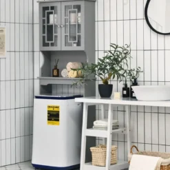 Toilettenschrank freistehend Badezimmerregal Waschmaschinenschrank Toilettenregal mit 3 Regalen Grau