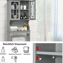 Toilettenschrank freistehend Badezimmerregal Waschmaschinenschrank Toilettenregal mit 3 Regalen Grau