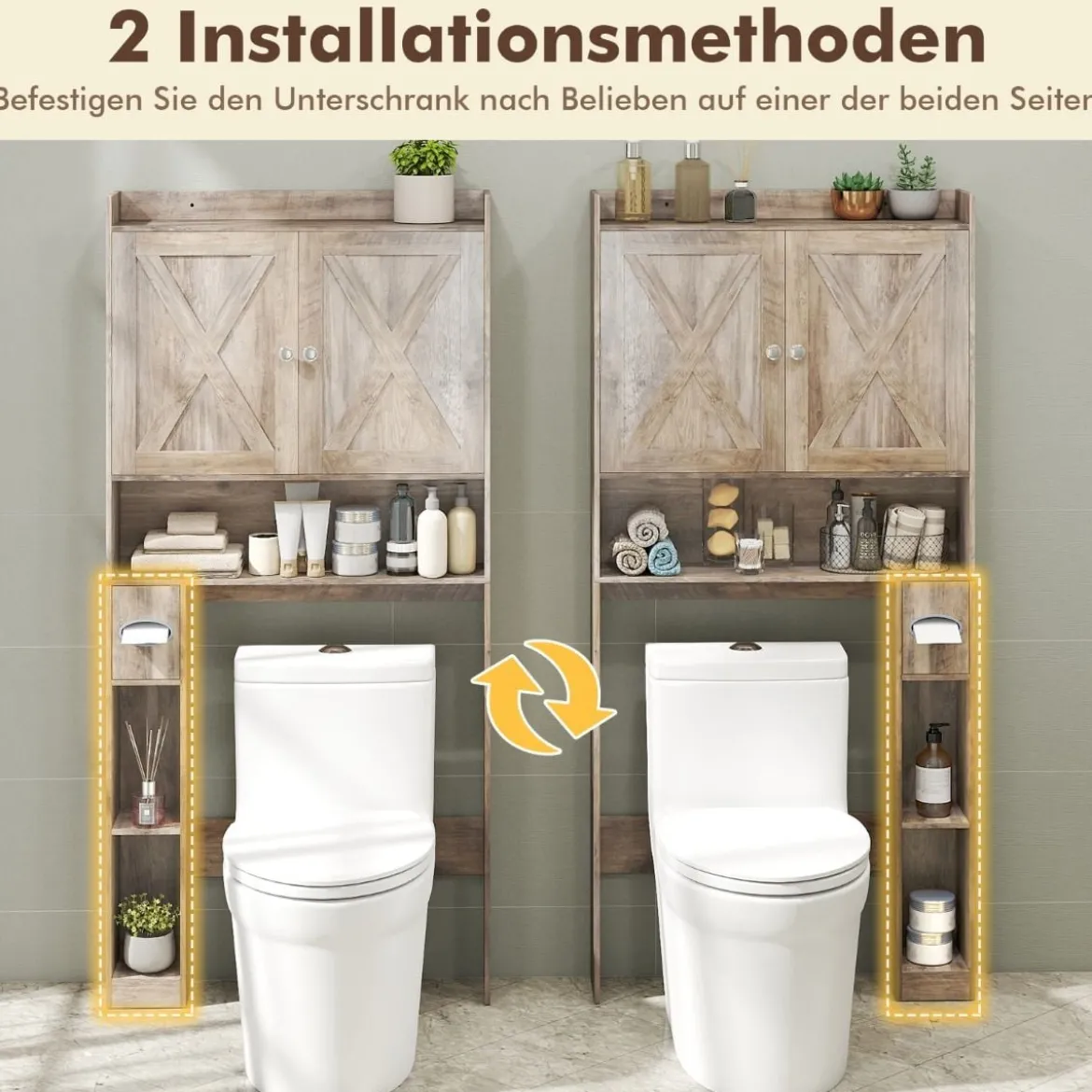 Toilettenschrank mit Doppeltüren & Toilettenpapierhalter & Verstellbarem Fach Grau