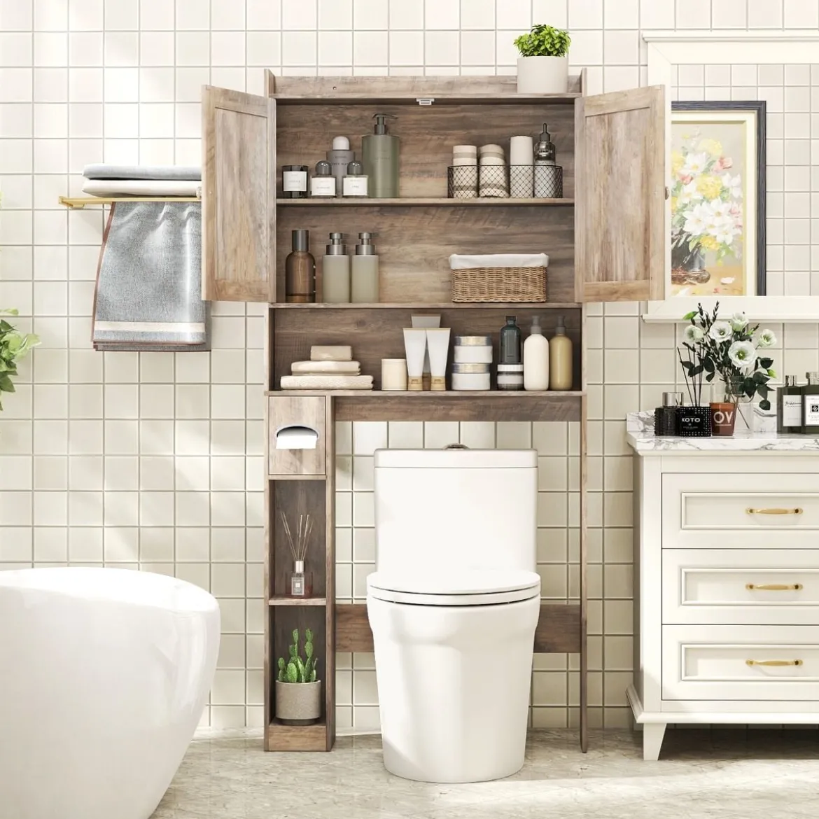 Toilettenschrank mit Doppeltüren & Toilettenpapierhalter & Verstellbarem Fach Grau