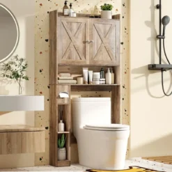 Toilettenschrank mit Doppeltüren & Toilettenpapierhalter & Verstellbarem Fach Grau