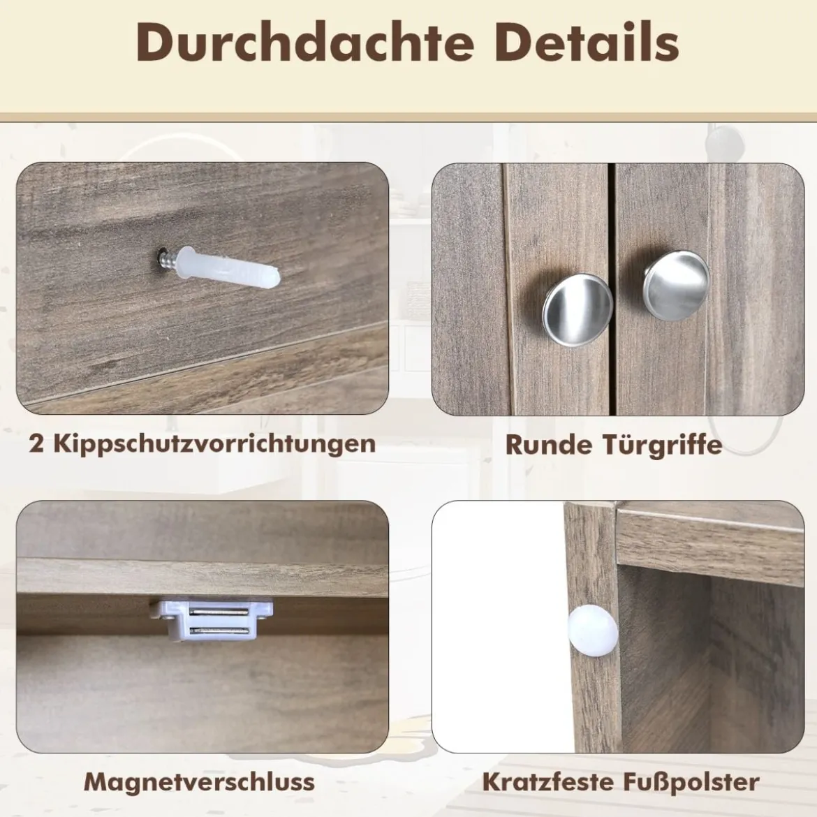 Toilettenschrank mit Doppeltüren & Toilettenpapierhalter & Verstellbarem Fach Grau
