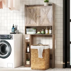 Toilettenschrank mit Doppeltüren & Toilettenpapierhalter & Verstellbarem Fach Grau