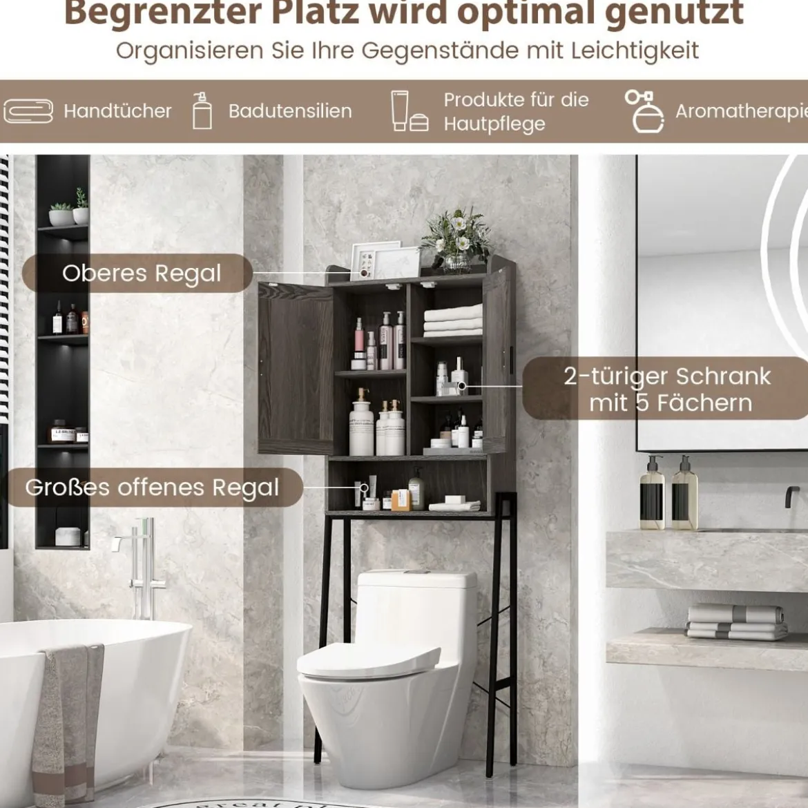 Toilettenschrank mit Doppeltüren & Verstellbaren Regalen Badezimmerschrank Toilettenregal Grau