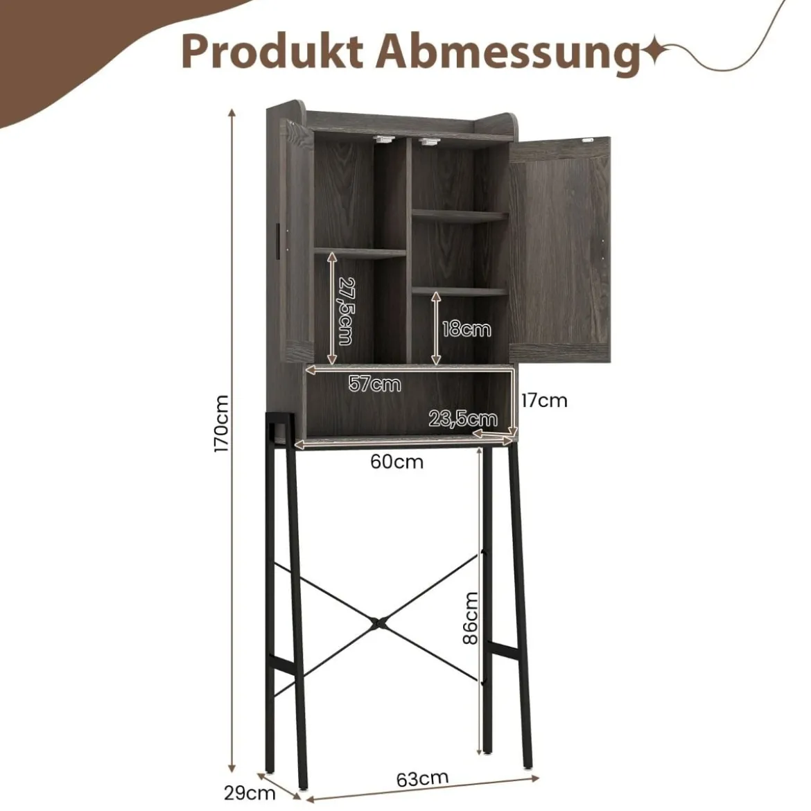 Toilettenschrank mit Doppeltüren & Verstellbaren Regalen Badezimmerschrank Toilettenregal Grau