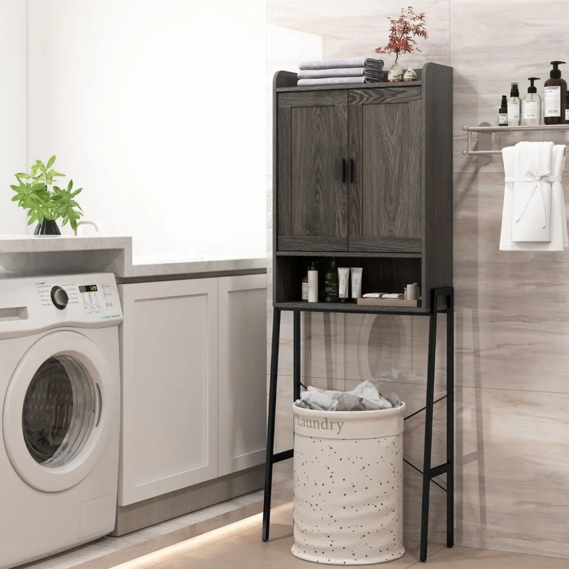 Toilettenschrank mit Doppeltüren & Verstellbaren Regalen Badezimmerschrank Toilettenregal Grau