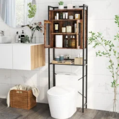Toilettenschrank mit Doppeltür Badezimmerregal Waschmaschinenregal 60 x 24 x 172 cm Braun