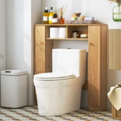 Toilettenschrank mit 2 Offenen Fächern & 4 Verstellbaren Regalen Bad Überbauschrank Natur