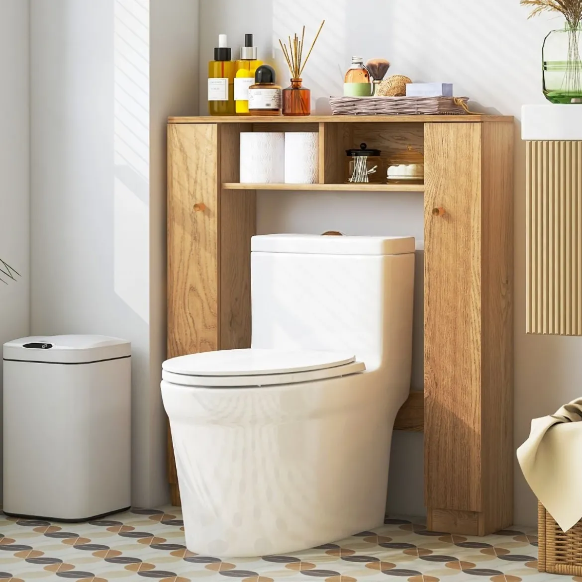 Toilettenschrank mit 2 Offenen Fächern & 4 Verstellbaren Regalen Bad Überbauschrank Natur